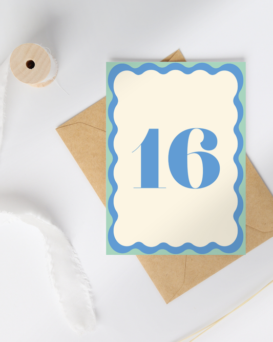 Verjaardagskaart 16 jaar (blauw)